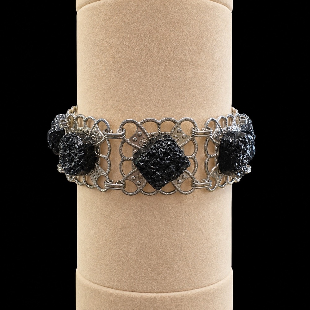 Vtg Filigree Link Bracelet 8" Black Faux Druzy Silver Tone Statement